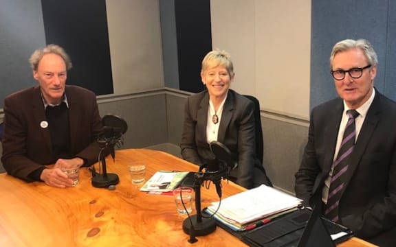 John Minto (left), Lianne Dalziel and Darryll Park (right) in the RNZ studio.