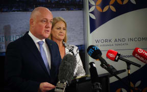 Prime Minister Christopher Luxon and Social Development Minister Louise Upston at the announcement that parents earning more than $65,000 must support their 18-19-year-old children, with the government tightening eligibility for Jobseeker benefits.