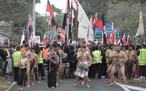 Kairākau lead the hīkoi as it prepares to cross the Auckland Harbour Bridge on 13 November 2024.