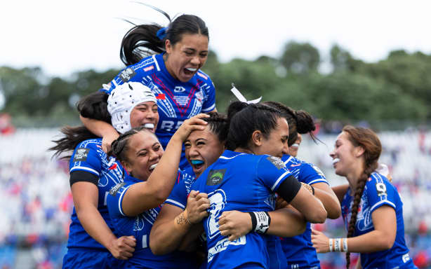 Fetu Samoa Shalom Sauaso celebrates her try during the Paciﬁc Championships rugby league test between New Zealand Kiwis v Toa Samoa at Go Media Stadium, Auckland, New Zealand.