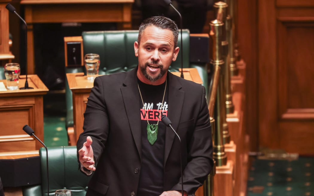 Te Pāti Māori MP Tākuta Ferris speaking during the parliamentary debate on Te Pāti Māori MPs' punishment for Treaty Principles haka on 5 June 2025.