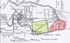 A military sketch plan from 1864 shows
land use at Te Papa including the remains of Otamataha Pa (highlighted red).