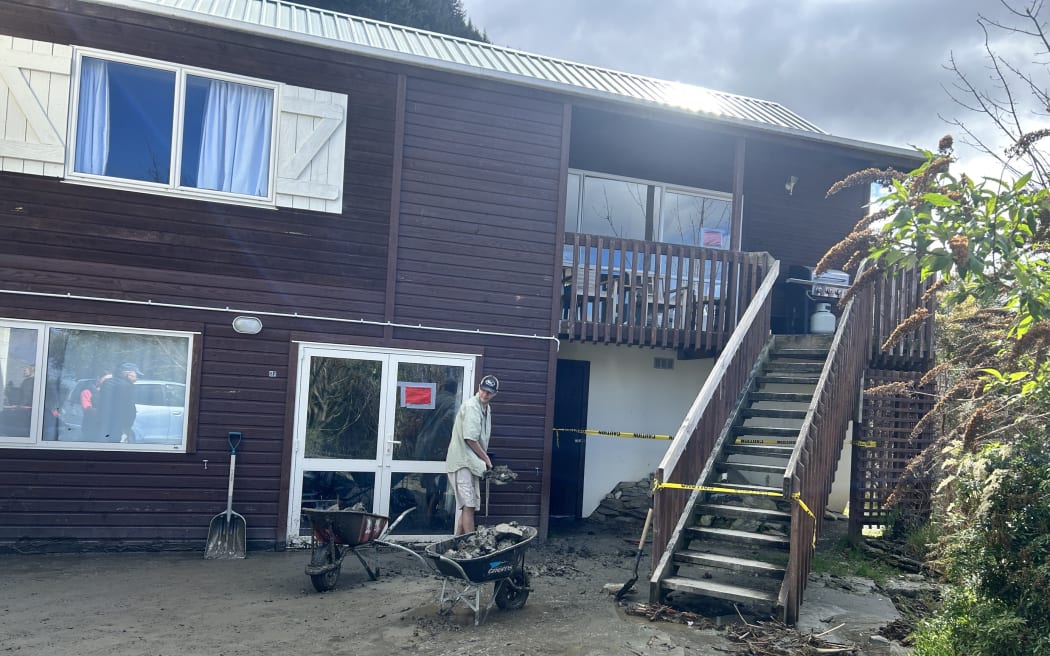 Damage seen on a red-stickered property in Queenstown's Reavers Lane on 23 September, 2023, after heavy rain battered the region earlier in the week.