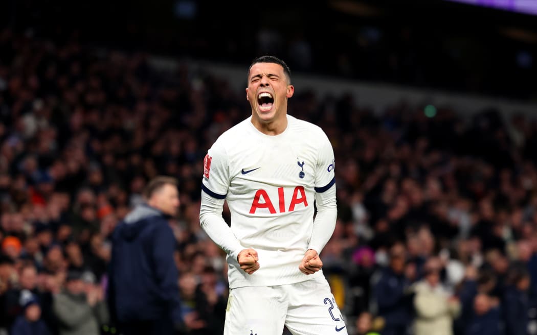 Pedro Porro of Tottenham Hotspur celebrates scoring.