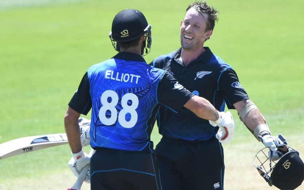 Luke Ronchi celebrates his debut century in New Zealand's ODI against Sri Lanka in Dunedin.