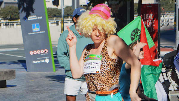 Pro-Palestinian protesters have danced and exercised in their protest of legislation that bans the phrase 
