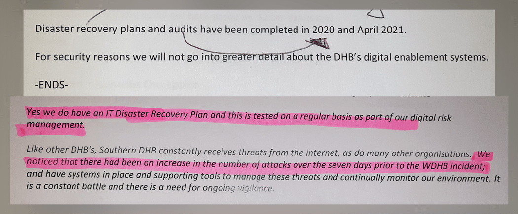Responses from DHBs on cyber security.