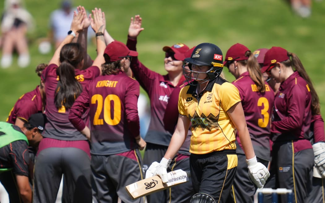 Blaze player Jess McFadyen (C walks from the field after being caught with LBW during the Hallyburton Johnstone Shield Grand Final - Northern Districts Women v Wellington Blaze at Cello Basin Reserve, Wellington on the 21 February 2026. © Copyright image by Marty Melville / www.photosport.nz