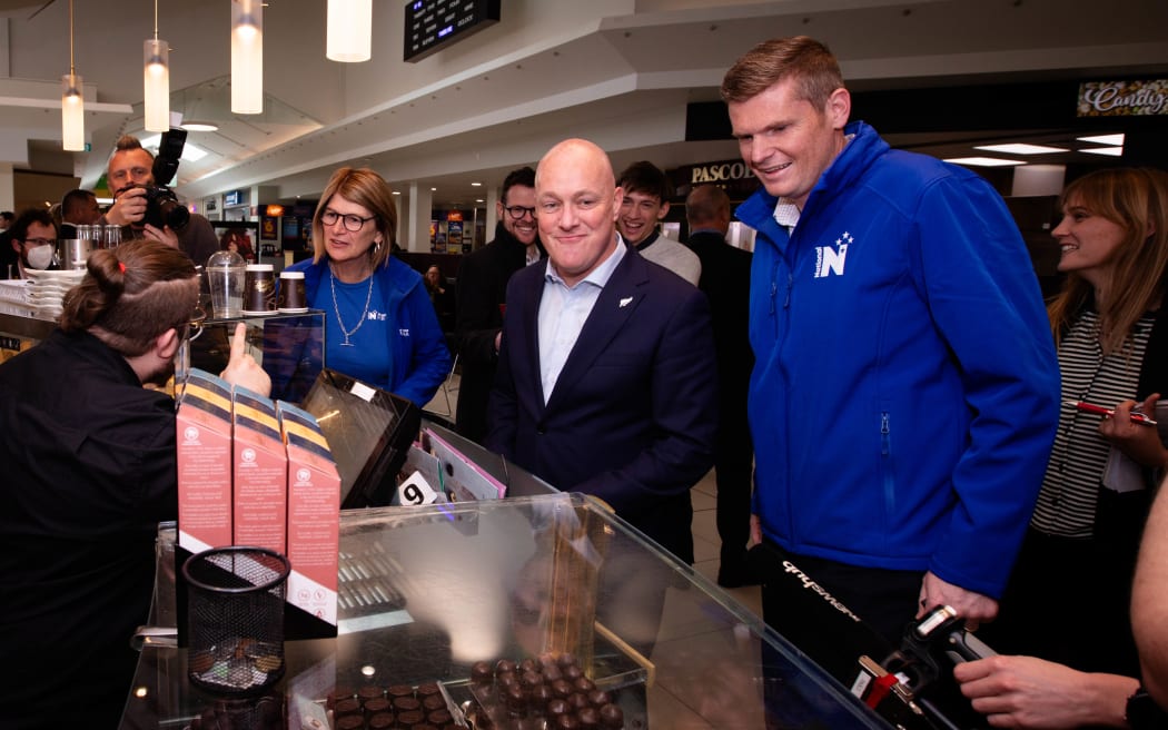 National leader Christopher Luxon with Ōtaki candidate Tim Costley at Coastlands Mall.