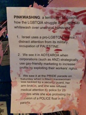The group put up signs explaining 'pinkwashing'.