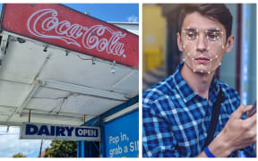 A photo of a dairy next to a man whose face is being scanned by 'facial recognition technology'.