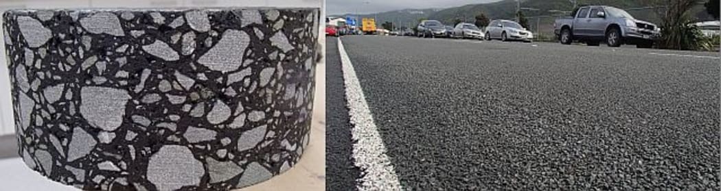 Motorways in New Zealand are made from asphalt concrete (left) which is made from chipping aggregate mixed with bitumen. The urban road at right has been recently chip sealed, which comprises a layer of aggregate on top of a thin layer of bitumen.