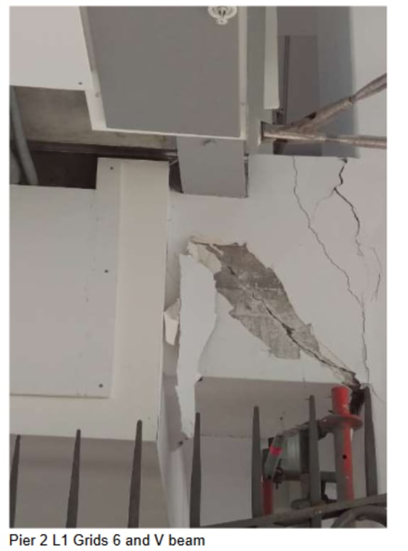 Cracks in the supports for floors in the BNZ Harbour Quays building in Wellington after the 2016 Kaikoura earthquake.