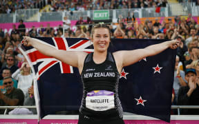 Julia Ratcliffe of New Zealand celebrates after winning the Silver Medal in the Women’s Hammer Throw Final at the 2022 Birmingham Commonwealth Games.