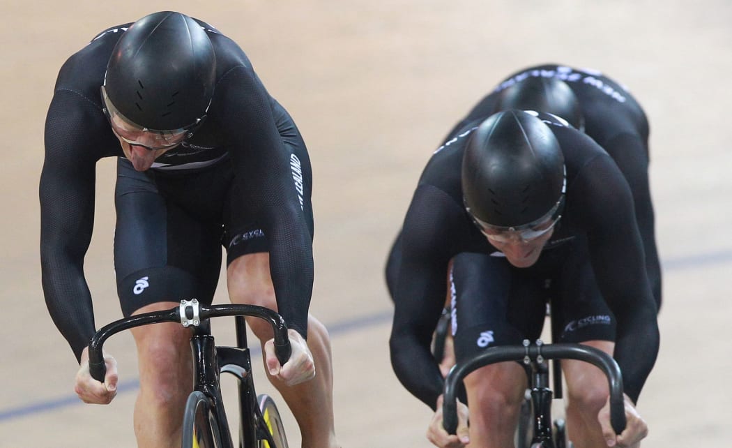 The New Zealand men's sprint team of Eddie Dawkins, Ethan Mitchell and Sam Webster.