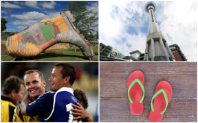 From top left to bottom right: The Taihape gumboot, the Auckland SkyTower, former All Blacks Christian Cullen and Carlos Spencer and jandals.