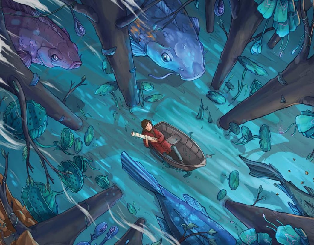 an illustration of a girl, floating in the water, surrounded by sharks, clutching a rolled-up piece of paper