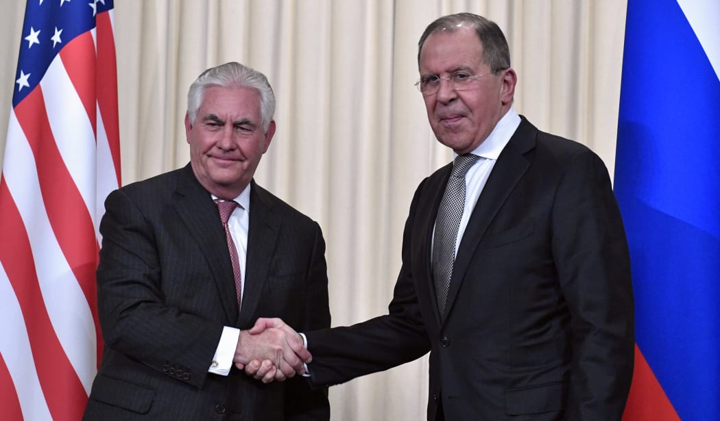 US Secretary of State Rex Tillerson shakes hands with Russian Foreign Minister Sergei Lavrov after a press conference in Moscow.
