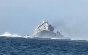 The HMNZS Manawanui, aground in Samoa.