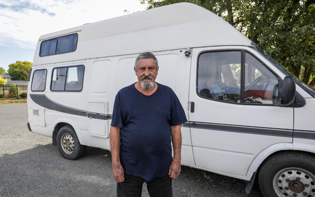 Les Winslade had to jump in his caravan to escape the vegetation fire in Canterbury's Waikari Valley on 18 February 2024.