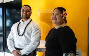 Smiles and joy for Niuafolau Joel Amosa (Left) and Lani Punatai (right), who now get to wear their Samoan Number 1s to work in a corporate space.