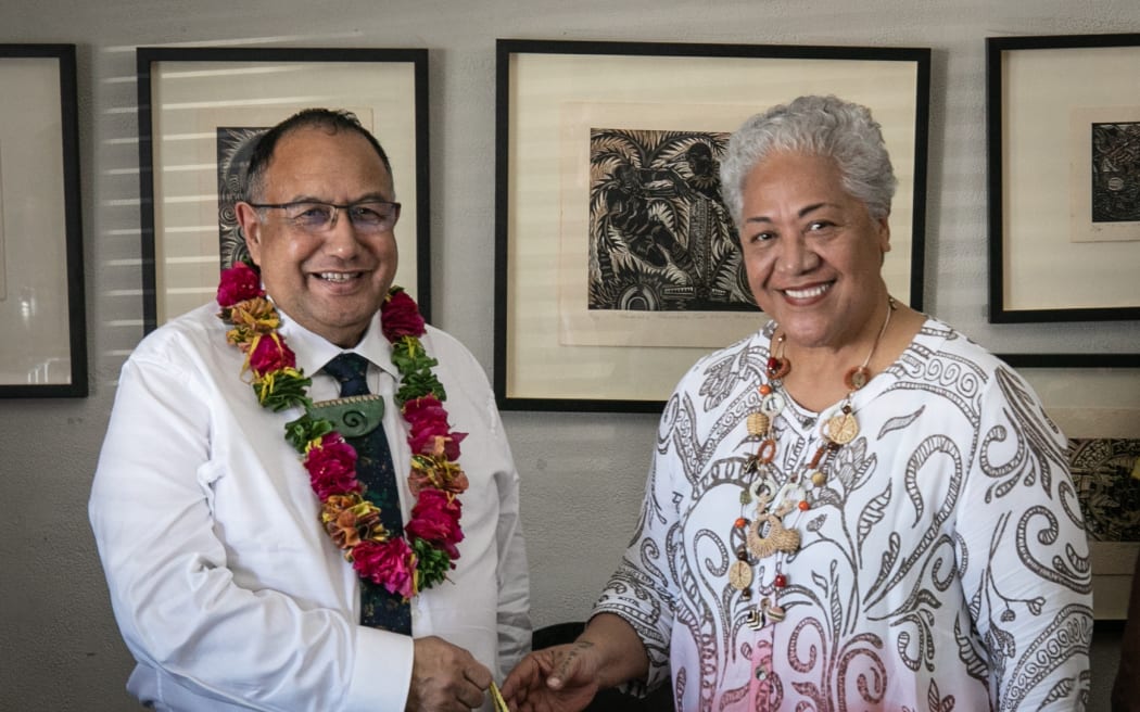 New Zealand's Speaker of Parliament Adrian Rurawhe meets Samoa's Prime Minister Fiame Naomi Mata'afa, Apia, 11 July 2023.