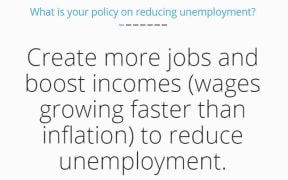 a screen shot of the candidate app, reading "create more jobs and boost incomes (wages growing faster than inflation) to reduce unemployment" with thumbs up and thumbs down images.