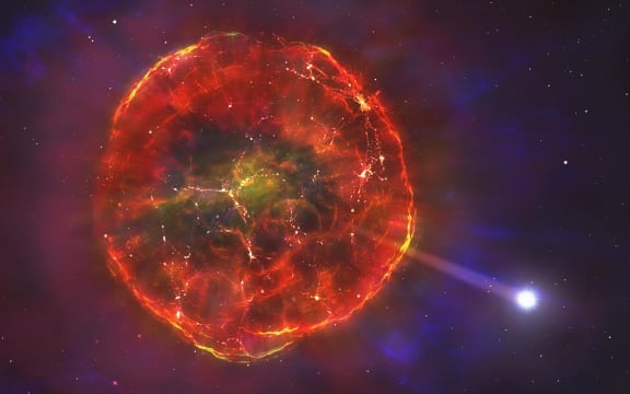 The material ejected by the supernova will initially expand very rapidly, but then gradually slow down, forming an intricate giant bubble of hot glowing gas. Eventually, the charred remains of the white dwarf that exploded will speed out onto its journey across the Galaxy.
