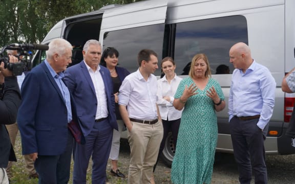 Prime Minister visits Wairoa. From left, Wairoa mayor Craig little, Mark Mitchell, Dana Kirkpatrick, Simeon Brown, Katie Nimon, deputy mayor Denise Eaglesome-Karekare, Christopher Luxon.
