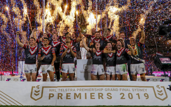The Roosters celebrate after winning the Grand Final. Sydney Roosters v Canberra Raiders, NRL Grand Final, Rugby league, ANZ Stadium, Sydney, Australia, 6 October 2019.