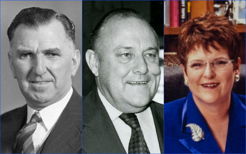 Former National PMs Syd Holland, Robert Muldoon and Jenny Shipley.