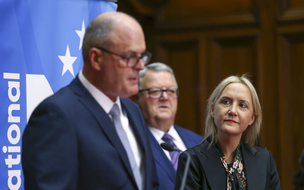 Newly elected National Party leader Todd Muller speaks to media while new deputy leader Nikki Kaye looks on during a press conference at Parliament on 22 May.
