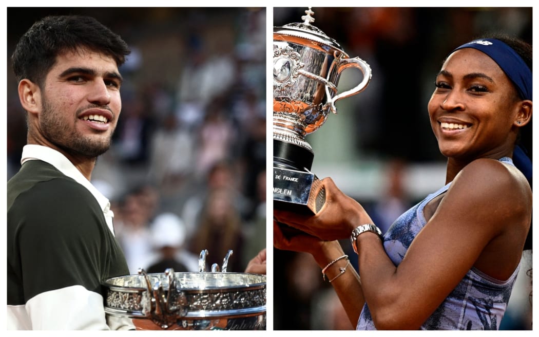Carlos Alcaraz and Coco Gauff with trophies after winning the French Open titles