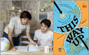 An image of Map Men Mark Cooper Jones and Jay Foreman, and the cover of their book This Way Up.