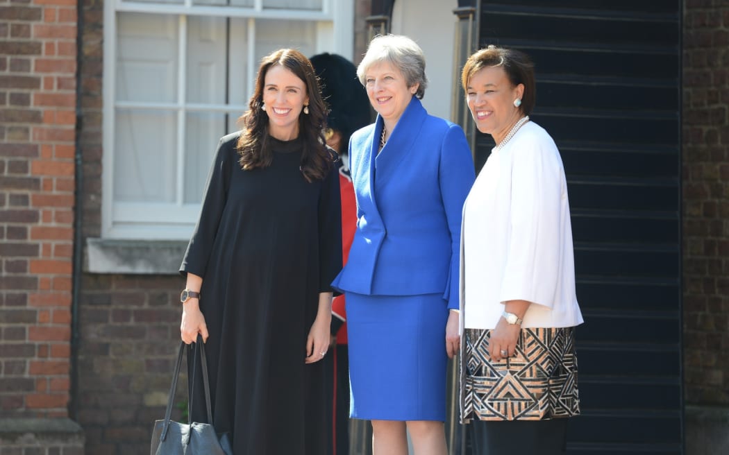 New Zealand Prime Minister Jacinda Ardern is greeted ahead of the first 2018 Commonwealth Heads of Government Meeting by UK PM Theresa May and Commonwealth Secretary General Patricia Scotland.