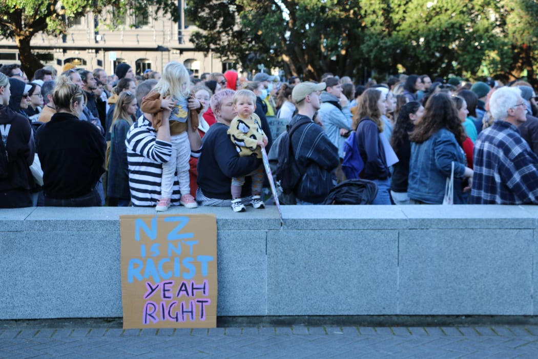 People gathered on the lawn at Parliament after the march to hear speeches on 14 June, 2020.
