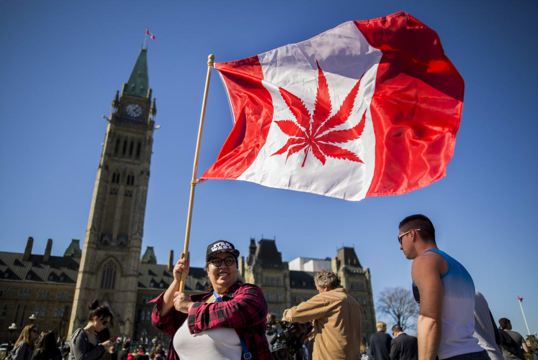 A file photo of a woman waving a flag showing a marijuana leaf, as a group celebrates National Marijuana Day in Ottawa in 2016.