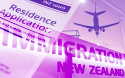 Collage of airplane, resident visa and Immigration NZ sign