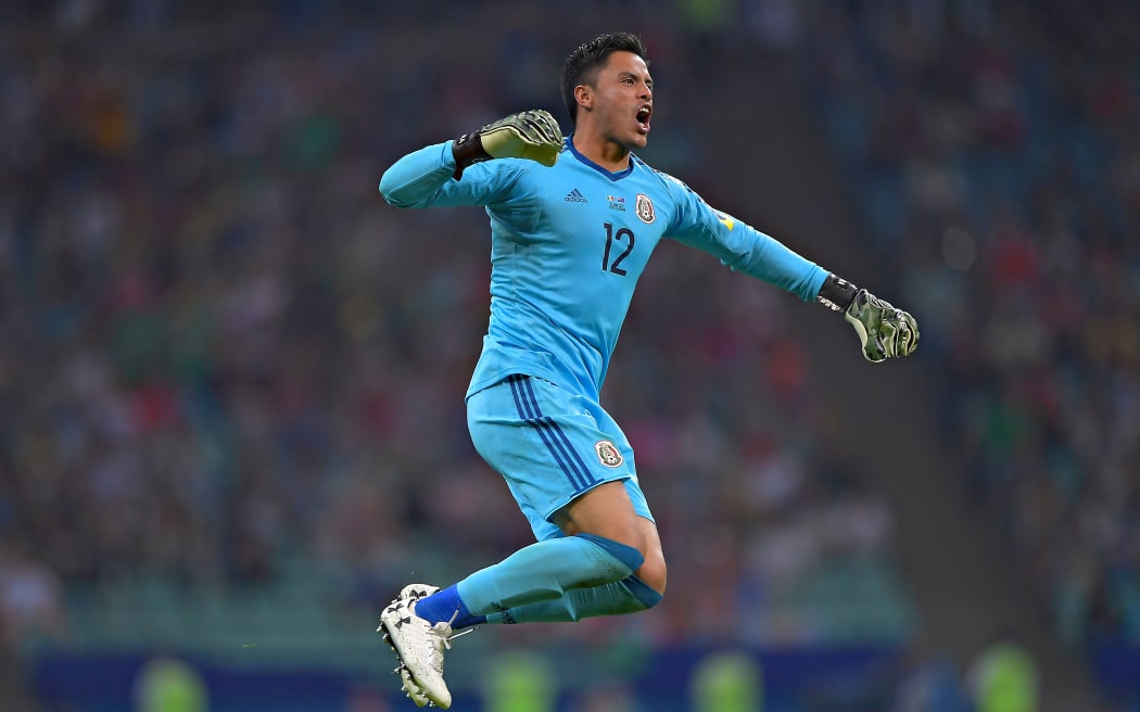 Goalkeeper Alfredo Talavera celebrates during a match between Mexico and New Zealand at the the FIFA Confederations Cup Russia 2017 at Olimpiyskiy Stadion Fisht, Sochi, Russia.