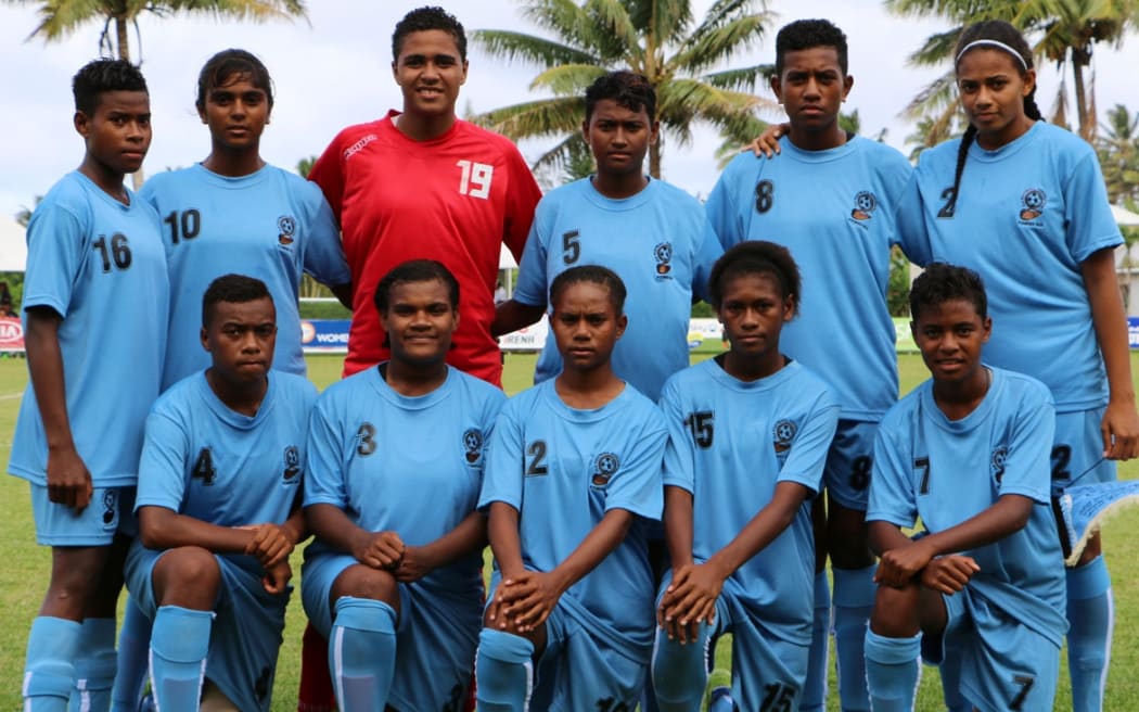 Francine Lockington (in red) with her U-17 Fiji teammates in 2016.