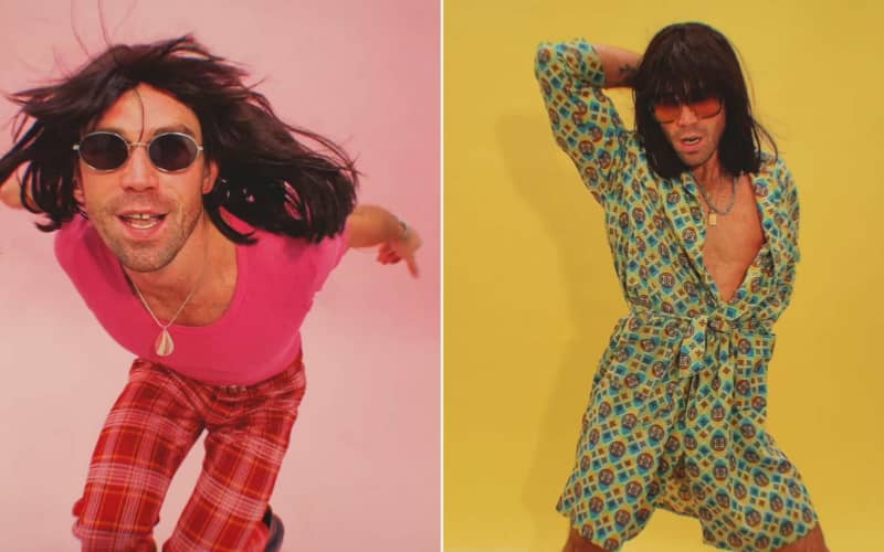 Composite image of a man in a short bob wig dancing.