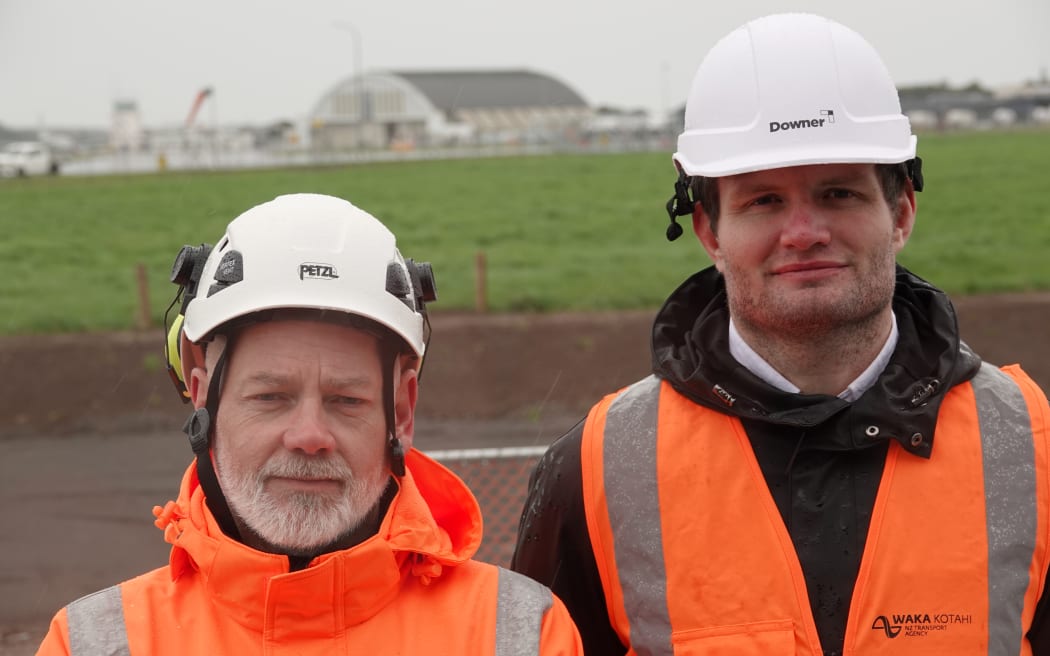 Gareth Howie and Sean Bridge, with the Ohakea air force base in the background.