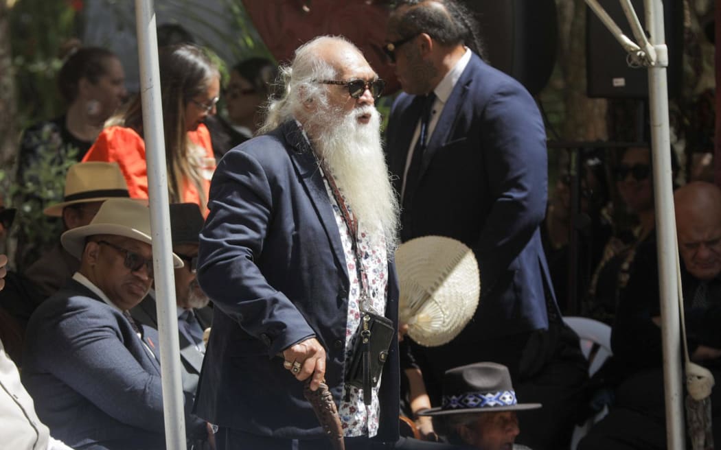 Ngāpuhi rangatira Hone Sadler for the hau kainga side delivers his kōrero to the coalition government and crowds at Waitangi Treaty Grounds 5 February 2024