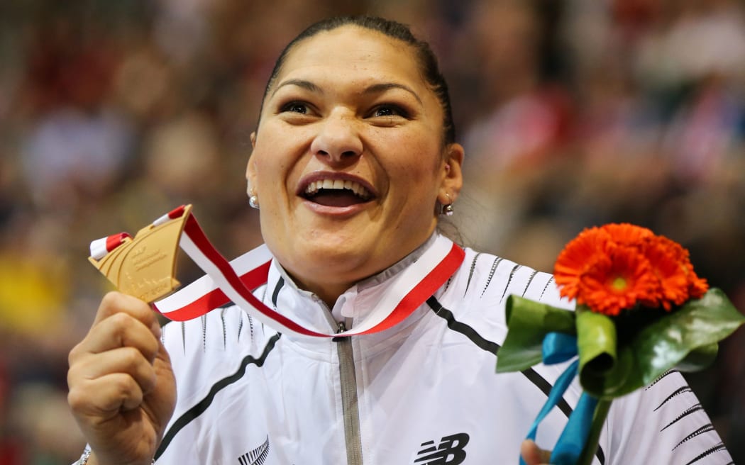 New Zealand shot putter Valerie Adams with the gold medal at the 2014 IAAF World Indoor Championships in Poland.