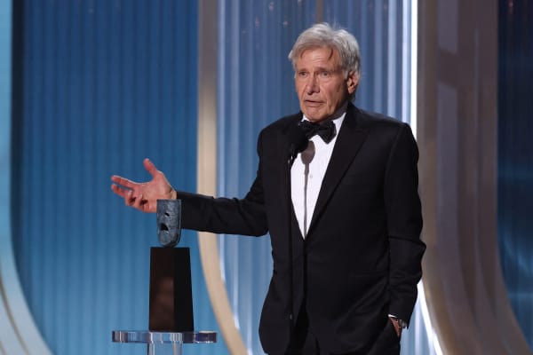 US actor Harrison Ford accepts the 61st SAG-AFTRA Life Achievement Award onstage during the 32nd Annual Actor Awards at the Shrine Auditorium in Los Angeles on March 1, 2026.