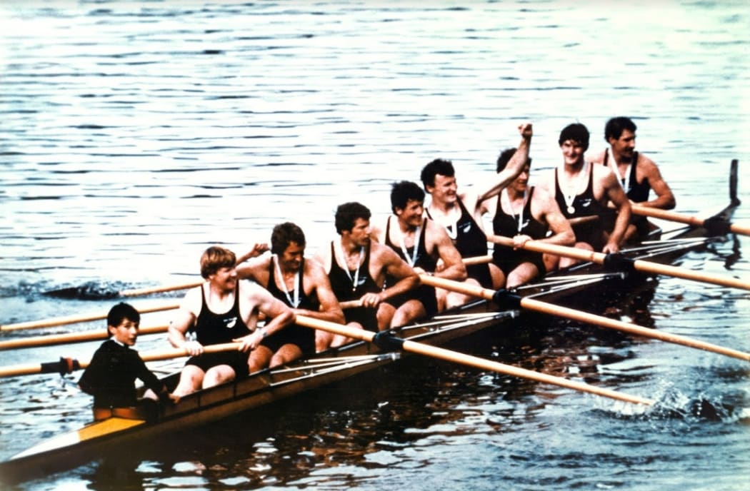 The New Zealand eight after winning the World Rowing Championships in 1982