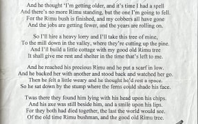 This is an image of the original poem Ron was given. It's typed out and in the bottom right hand corner there is an image of a tree stump with an axe stuck in the top of it.