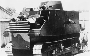 Photograph of a tank designed by Robert Semple, known as `Semple's tank' or a `mobile pill box', and built by the Ministry of Works at Temuka. Photograph taken between 1940 and 1941