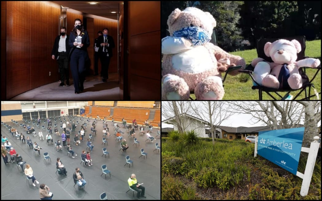 Clockwise, from tp left: Jacinda Ardern and Ashley Bloomfield head into a press conference to update the nation on the latest on Covid-19; Teddy bears provide some cheer in east Auckland; Amberlea Home and Hospital Care Facility where a worker tested positive; A mass vaccination event in Taranaki