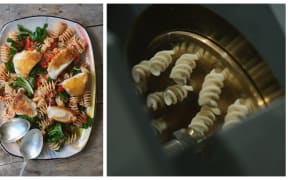 Two images - one of fusilli pasta cooked with tomatoes and spinach with crumbed fish on top, the other is of past being extruded through a bronze plate.
